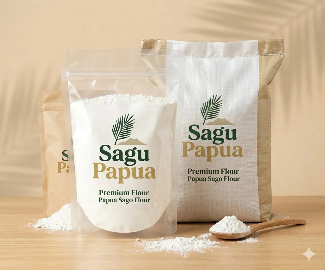 Sagu Papua — premium Papua sago flour in transparent pouch and export woven sack packaging